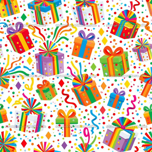 Tileable pattern with bright birthday parcels featuring colorful gifts — seamless tileable pattern