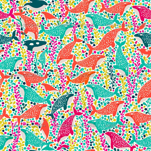 Colorful whales with plants in a seamless pattern — seamless tileable pattern