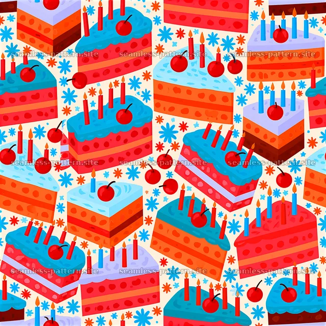 Colorful cake slices with candles in seamless pattern — seamless tileable pattern