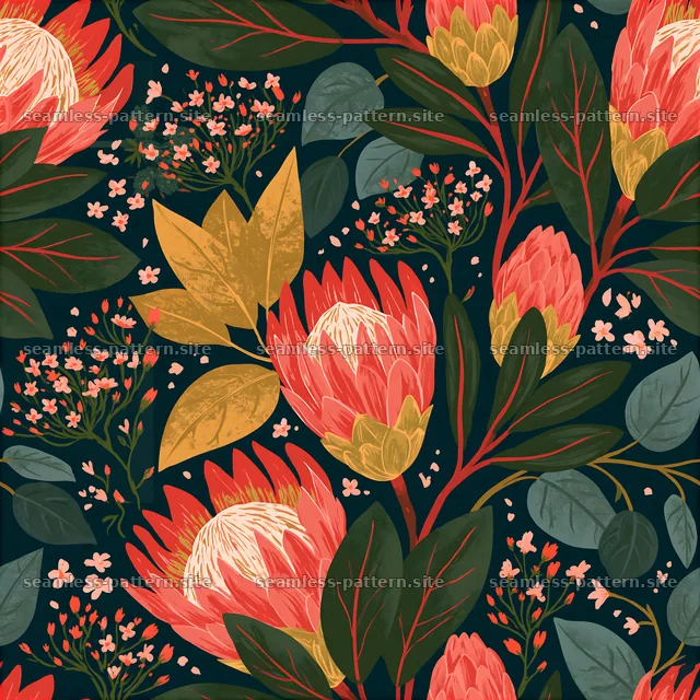 Bold floral seamless pattern with vibrant protea flowers and leaves — seamless tileable pattern