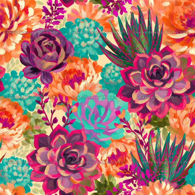 Colorful pattern of succulents and flowers on a light background — seamless tileable pattern