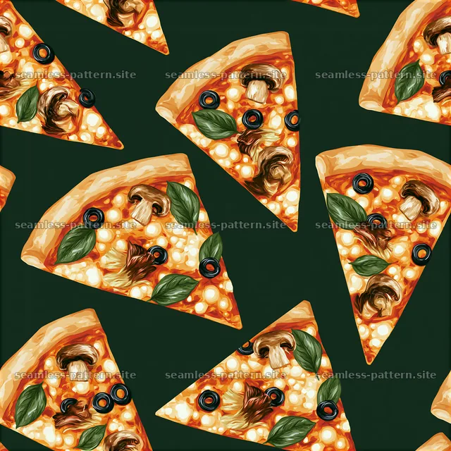 Seamless cheesy pizza slice pattern with mushrooms and basil — seamless tileable pattern