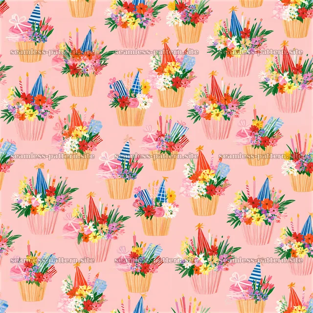 Repeat pattern with birthday gift baskets featuring flowers and decor — seamless tileable pattern