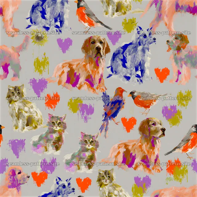 Colorful animal seamless pattern with playful pets and birds — seamless tileable pattern