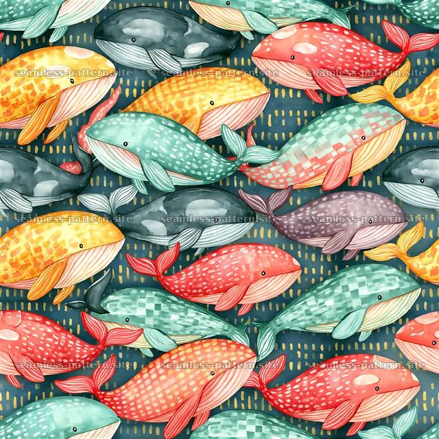 Colorful whale pattern in vibrant colors on dark background — seamless tileable pattern