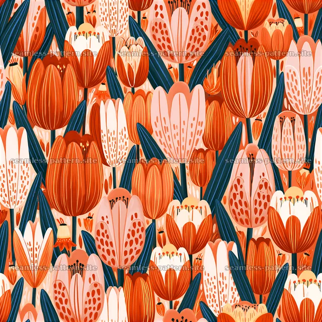 Colorful floral seamless pattern featuring tulips in various shapes — seamless tileable pattern