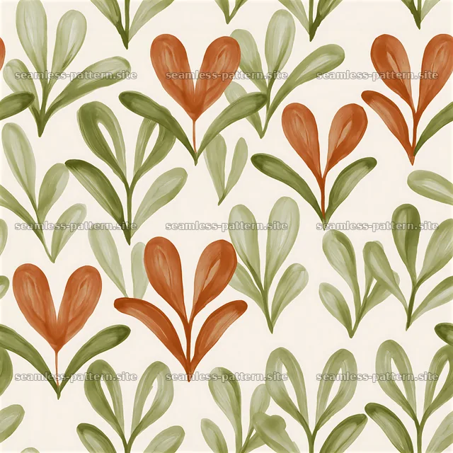 Leaf and heart shapes create a seamless pattern in soft colors — seamless tileable pattern