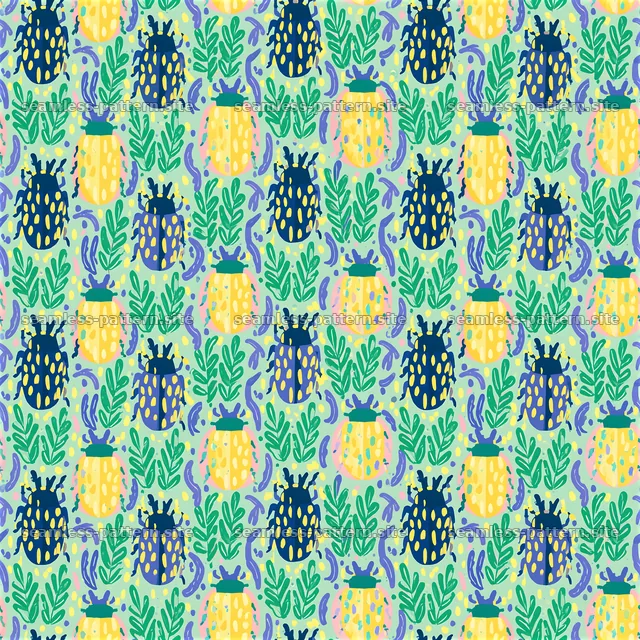 Colorful beetles and plant seamless pattern for creative projects — seamless tileable pattern