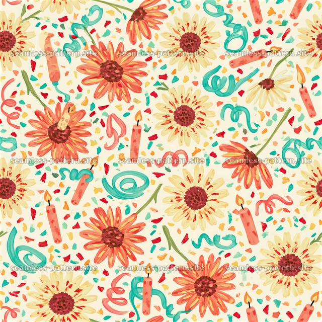 Birthday floral repeat pattern with colorful flowers and decorations — seamless tileable pattern