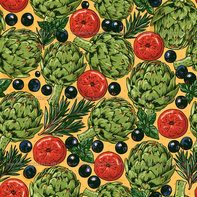 Seamless artichoke pizza pattern with tomatoes, olives, and herbs — seamless tileable pattern