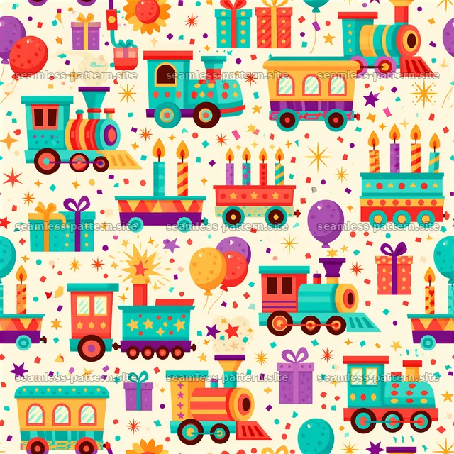 Birthday trains seamless pattern with gifts and balloons — seamless tileable pattern