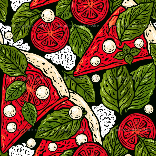 Pizza slices with toppings on a dark seamless background — seamless tileable pattern
