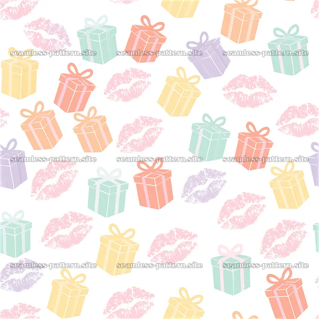Seamless pattern of kiss prints with colorful gift boxes in playful layout — seamless tileable pattern
