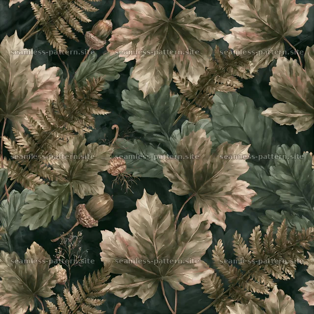 Green woodland foliage seamless pattern with leaves and ferns — seamless tileable pattern