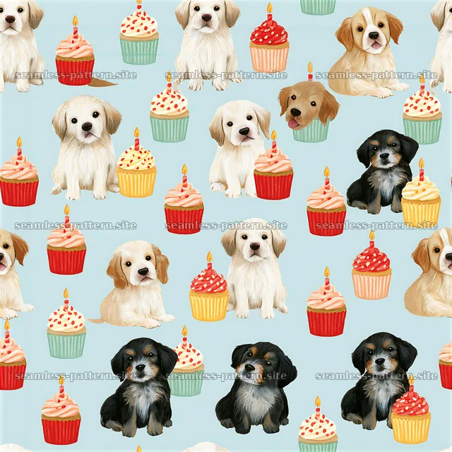 Birthday puppies seamless pattern with cupcakes and candles — seamless tileable pattern