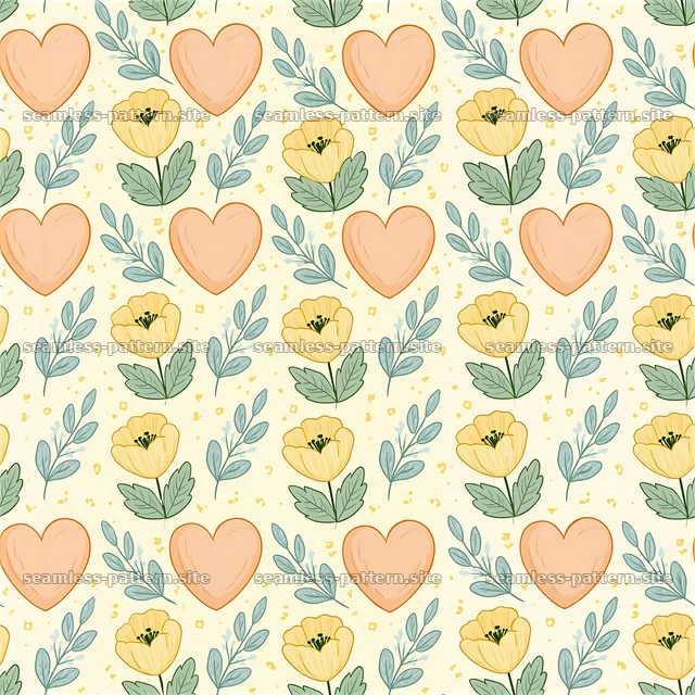 Seamless pattern of hearts and flowers in soft colors — seamless tileable pattern