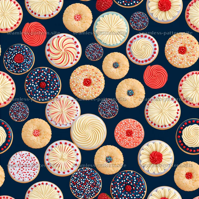 Birthday cookies seamless pattern on dark background with decorations — seamless tileable pattern