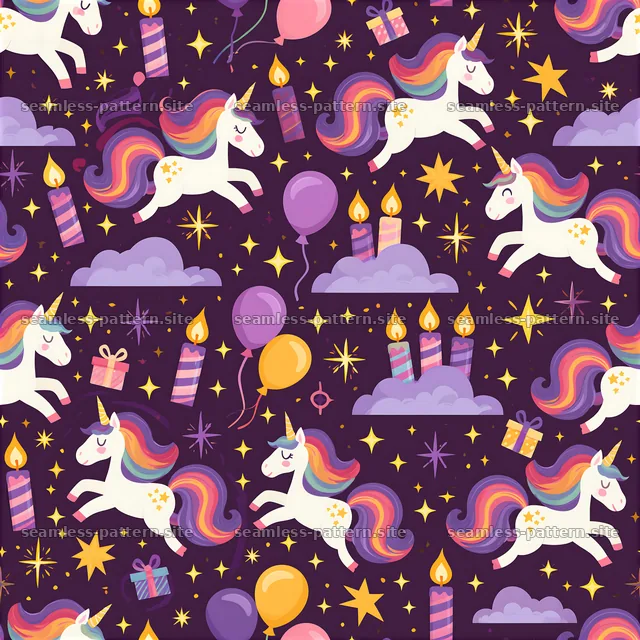 Colorful unicorns with balloons and gifts in a seamless pattern — seamless tileable pattern