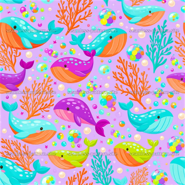 Colorful whale seamless pattern for fun and playful designs — seamless tileable pattern
