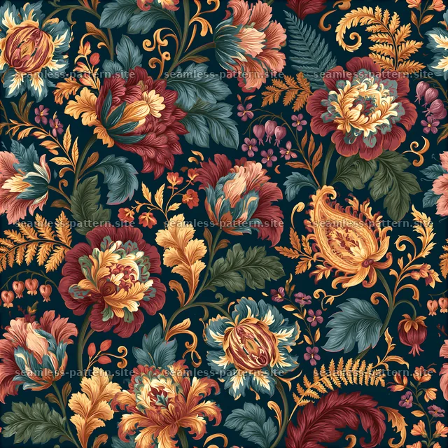 Colorful floral design with rich colors and intricate details — seamless tileable pattern