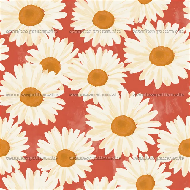 Daisy repeating pattern on a red background with yellow centers — seamless tileable pattern
