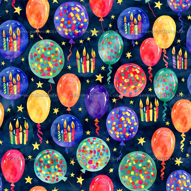 Watercolor Birthday Balloons and Candles Seamless Pattern — seamless tileable pattern