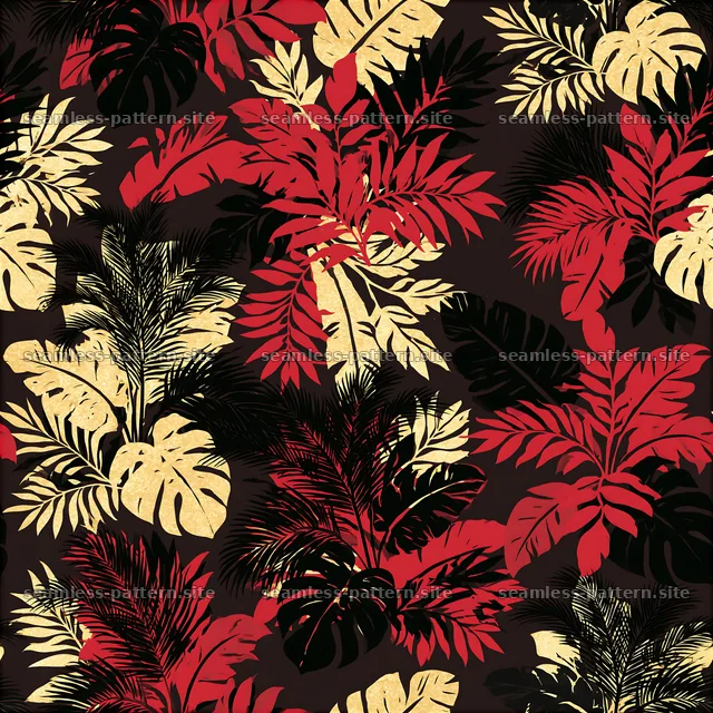 Tropical leaf black red gold repeating pattern for surface applications — seamless tileable pattern
