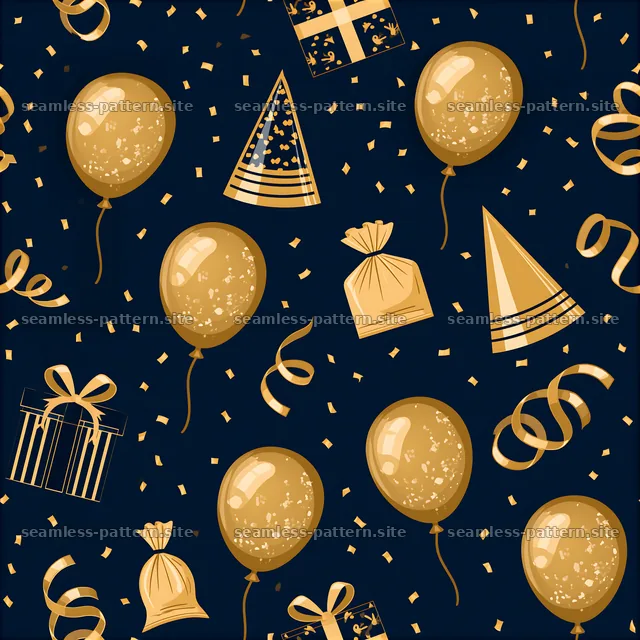 Gold birthday party supplies seamless pattern on navy — seamless tileable pattern