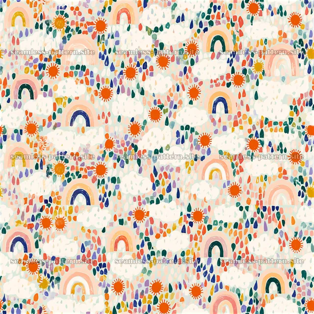 Bright and cheerful seamless pattern with rainbows and sun motifs — seamless tileable pattern