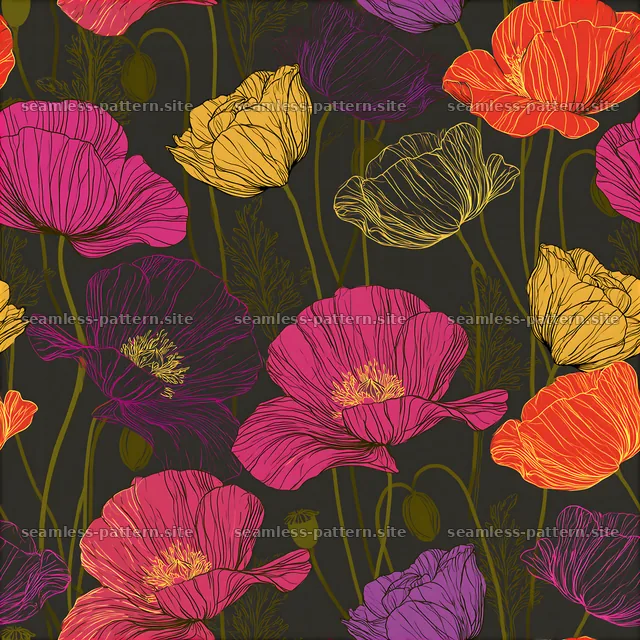 Colorful poppy seamless pattern with floral design on dark background — seamless tileable pattern