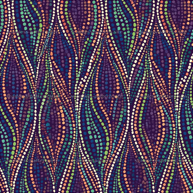 Colorful dot pattern with curved lines on dark background — seamless tileable pattern