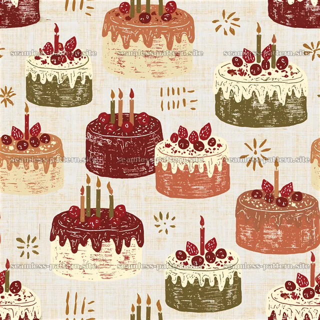 Birthday Cake Repeat Pattern with Candles and Berries — seamless tileable pattern