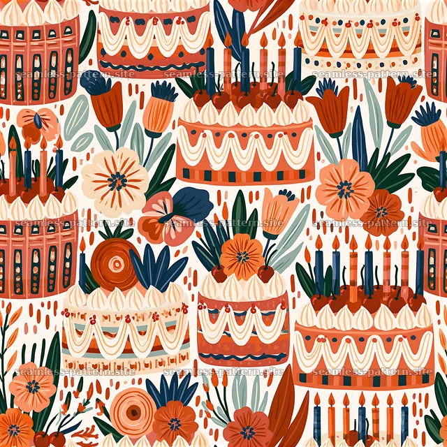 Birthday cake and floral celebration seamless pattern — seamless tileable pattern