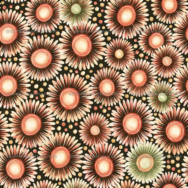 Sunflower-inspired radial flower pattern on black — seamless tileable pattern
