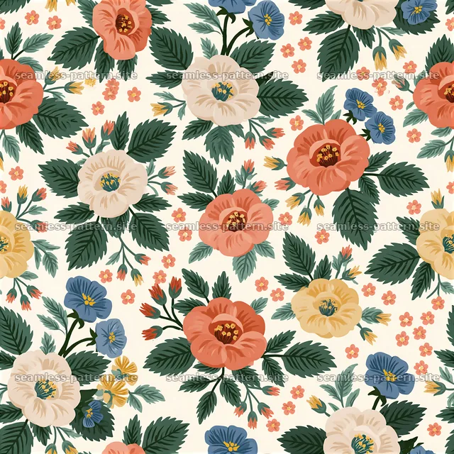 Folk floral repeat pattern with colorful flowers and green leaves — seamless tileable pattern