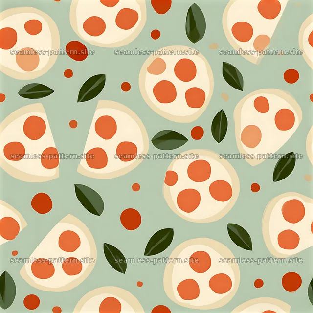 Seamless fabric pizza pattern with slices on a light green background — seamless tileable pattern