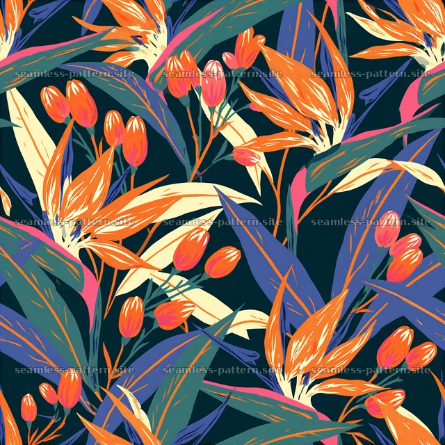 Vibrant botanical seamless pattern with bold colors and shapes — seamless tileable pattern