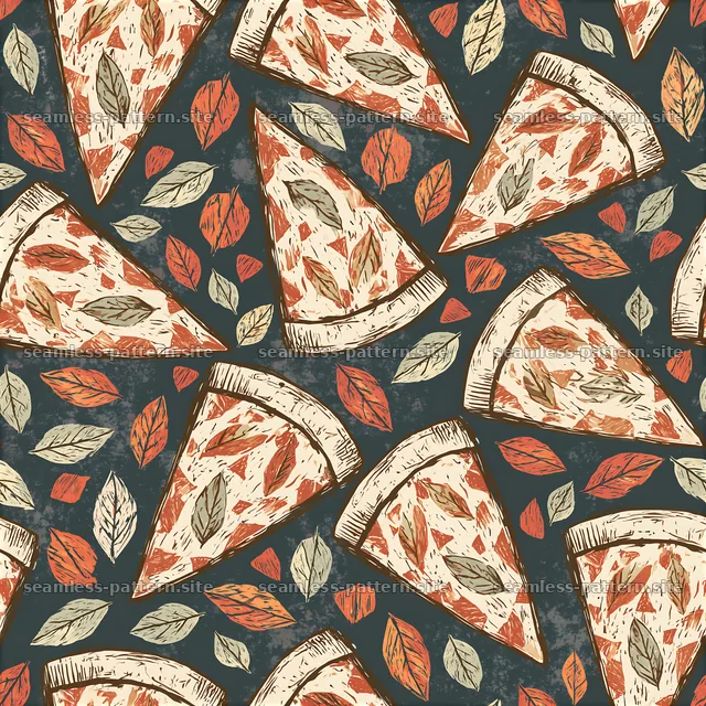 Seamless Sketch Pizza Pattern with Autumn Leaves — seamless tileable pattern