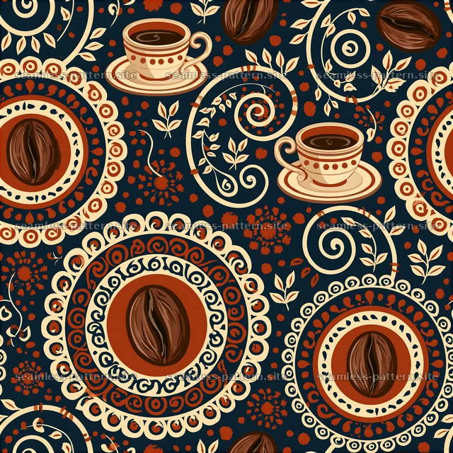 Boho Coffee Cup and Coffee Bean Seamless Pattern — seamless tileable pattern