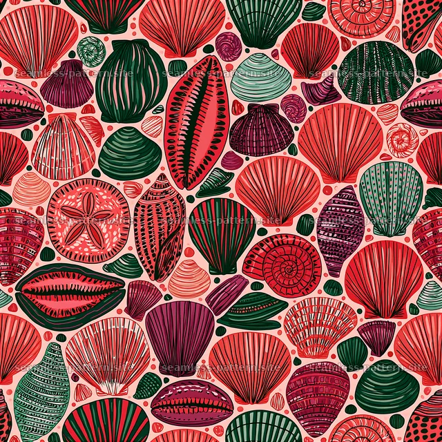 Colorful seashells in a repeating pattern on a light background — seamless tileable pattern