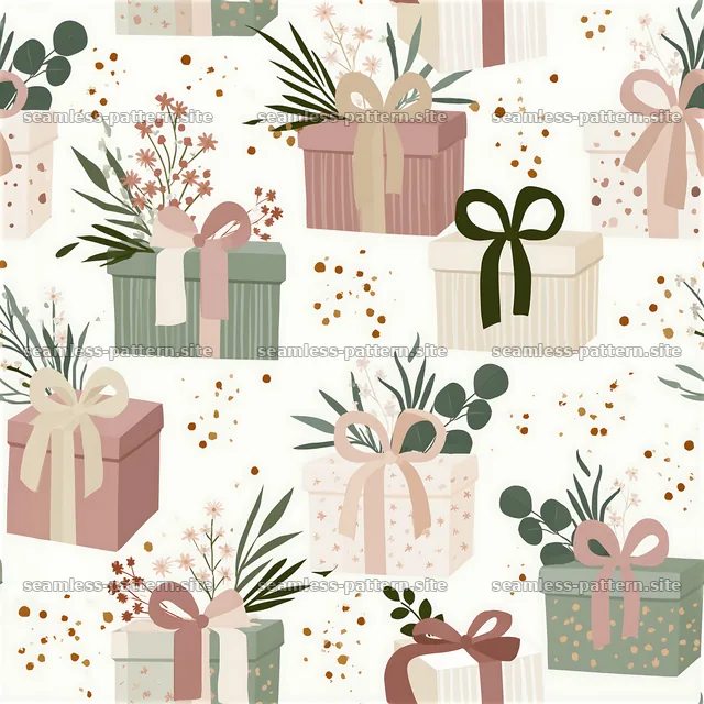 Colorful seamless pattern of gift boxes with bows and greenery — seamless tileable pattern