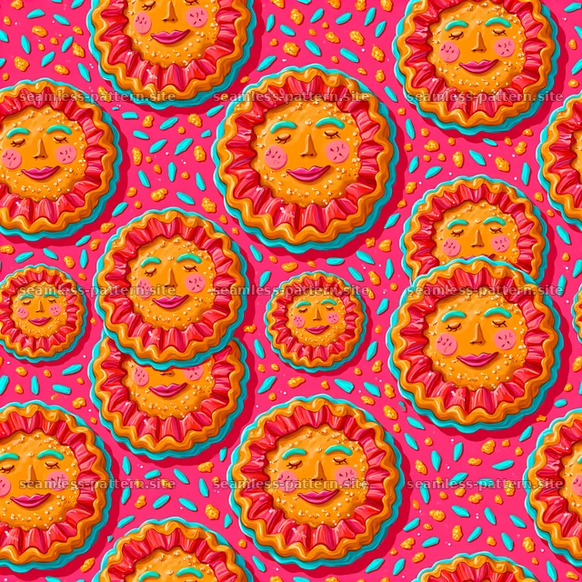 Colorful sun-shaped cookies on bright pink background — seamless tileable pattern