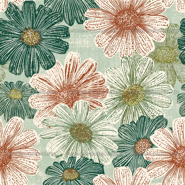 Vintage Daisy Floral Seamless Pattern in Green and Rust — seamless tileable pattern