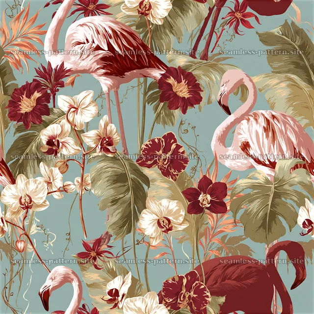 Colorful flamingo and tropical flower seamless pattern — seamless tileable pattern