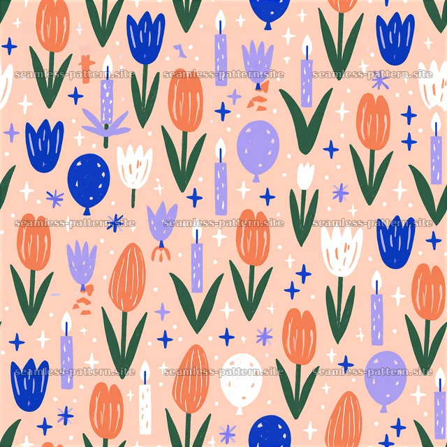 Birthday Flowers, Balloons and Candles Seamless Pattern — seamless tileable pattern