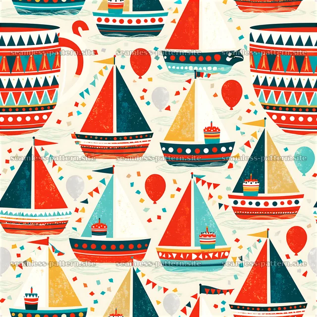 Colorful sailboats and balloons in a seamless pattern for celebrations — seamless tileable pattern