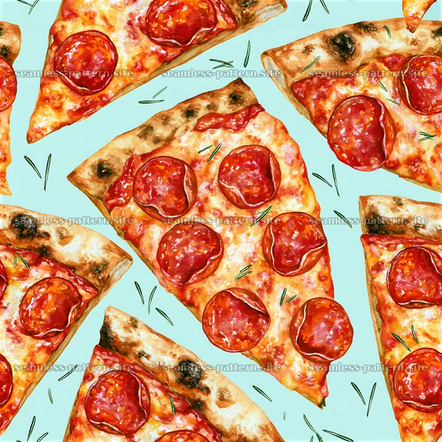 Seamless pepperoni pizza pattern with slices on a light blue — seamless tileable pattern