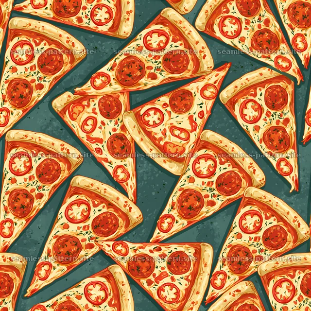 Seamless hot pizza pattern with slices on a green background — seamless tileable pattern