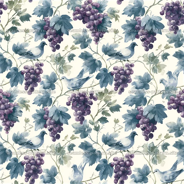 Watercolor Grape Vines and Dove Repeating Pattern — seamless tileable pattern