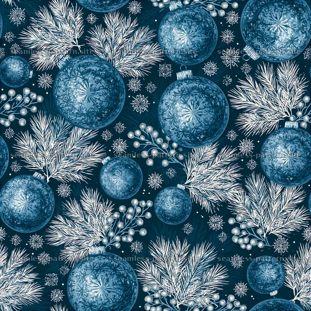 Festive blue ornament and pine needle seamless pattern — seamless tileable pattern